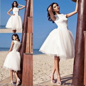 Short Knee Length Ball Gown Satin Tulle Beach Wedding Dresses Bridal Gowns New - Picture 1 of 5