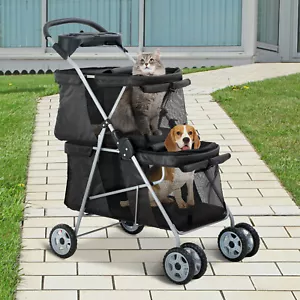 Cochecito plegable de viaje 4 ruedas doble capa para mascotas gato perro jaula cochecito - Imagen 1 de 9