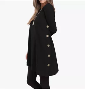 Long Sleeve Button Side Sweater Short Black Dress Woman’s Top Shirt - Picture 1 of 14