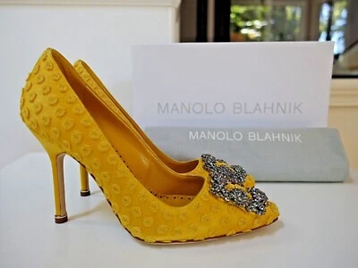 Nuevo en caja $1050 Manolo Blahnik Hangisi 105 Zapatos de salón Tacones Amarillo satinado talla 36.5 EU 6 EE. UU. Foto 1 de 4