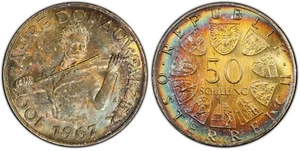 1967 AUSTRIA 🇦🇹 Silver 50 SCHILLING Coin DANUBE PQ Rainbow Toned PCGS MS64 - Picture 1 of 7