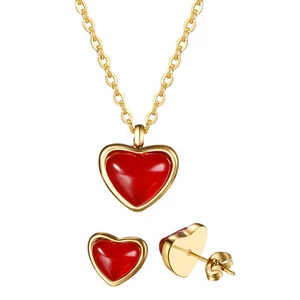 Women's Red Heart Pendant Necklace Stainless Steel Gold Plated Earrings Set Gift - Picture 1 of 14