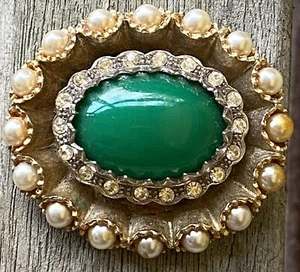 VTG Signed HAR Rhinestone  & Pearl  1 7/8" Brooch Pin Green Stone Flaw - Picture 1 of 7