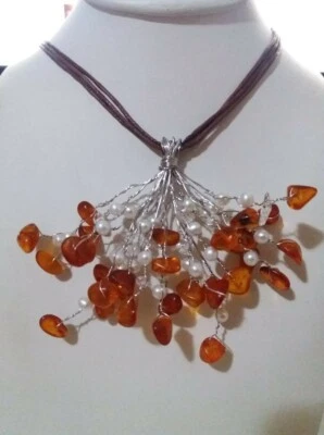 girocollo fantasia argento 925 perline fiume, sassi di quarzo naturale e ambra  - Immagine 1 di 3