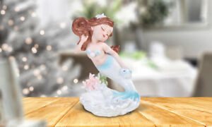 Lovely Mermaid w/Fish 7"H Mergirl Statue Fantasy Collectible Figurine Room Decor