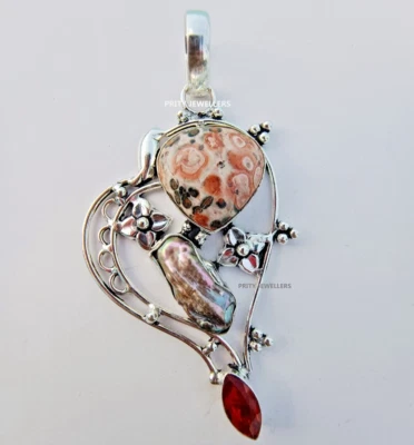 Ocean Jasper With Biwa & Red Garnet Pendent, Large 3.1" Pendent / Necklace - Image 1 of 4