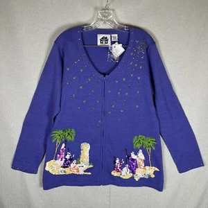 VTG NEW Storybook Knits Cardigan Sweater Large Sequin Christmas Nativity Wisemen - Picture 1 of 15