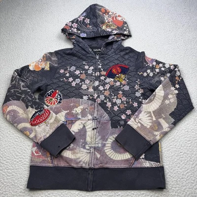 Vintage Lucky Brand Hoodie Womens Small Multicolor Full Zip Geisha Y2K Japan Art - Image 1 of 4
