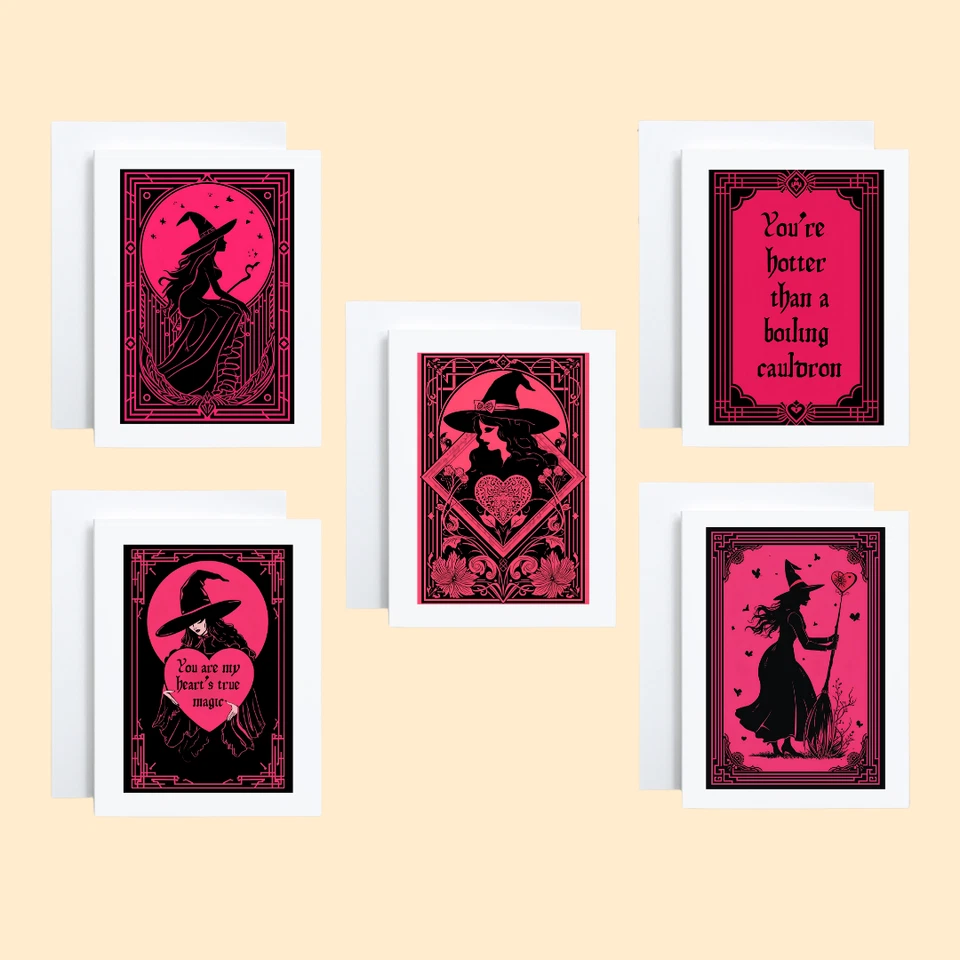 Juego de 5 tarjetas de felicitación rosa y negro bruja día de San Valentín con sobres Foto 1 de 4