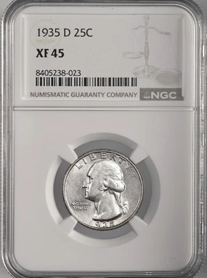 1935-D  25C WASHINGTON SILVER QUARTER DENVER  NGC XF45  #8405238-023 - Image 1 of 4