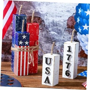 5 Pcs 4th of July Tiered Tray Decor Wooden Rustic Patriotic Vintage Fireworks - Picture 1 of 7
