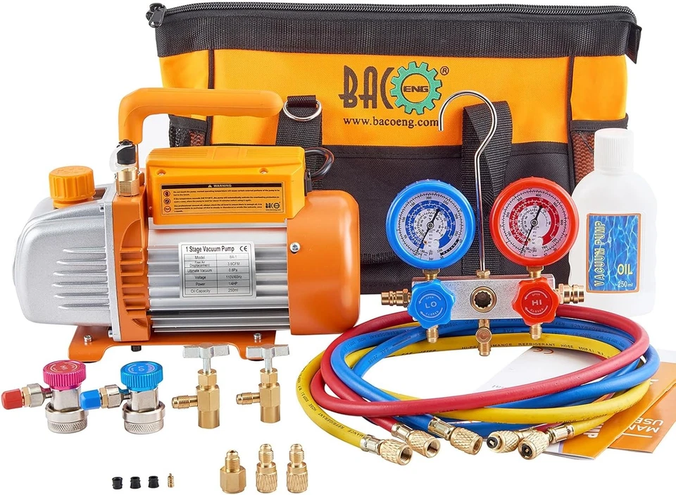 BACOENG 3.6cfm Vacuum Pump & Manifold Gauge Set HVAC A/c Refrigeration Kit R12