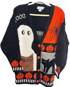 Maglione vintage loft donna Halloween cardigan maglione nero gatto fantasmi medio USA - Foto 1 di 10