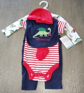 CHRISTMAS DINOSAUR BABY BOY 6 PC LAYETTE SET 0-3 MONTH BIB PANTS HAT SOCKS TOPS - Picture 1 of 1
