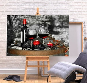KITCHEN ART-RED WINE PICNIC-DEEP FRAME CANVAS WALL ART PICTURE PRINT-BLACK WHITE - Picture 1 of 3