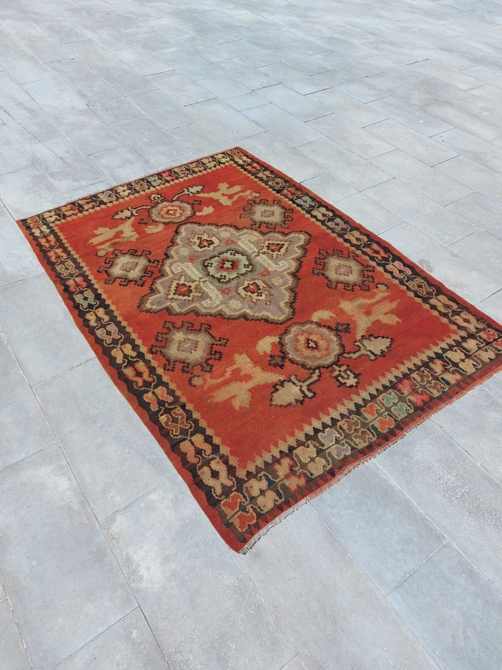 Alfombra antigua Oushak súper rara reccional alfombra decoración floral y geométrica alfombras Foto 1 de 4