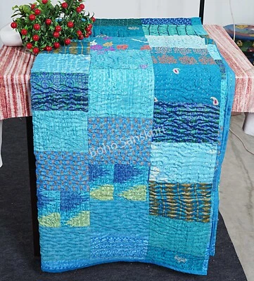 Kantha Quilt Silk Patchwork Indian Bedspread Handmade Blanket Turquoise Throw