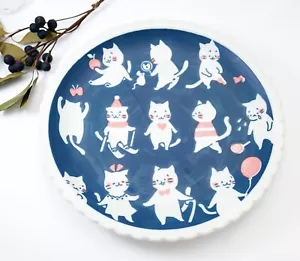 Japanese Large Dinner Plate Sunday Cat Blue Navy Pink 24cm Ceramic Mino ware - Picture 1 of 8