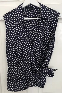 Hobbs Silk Blouse Women 8 Polka Dot Navy White Wrap Around - Picture 1 of 4