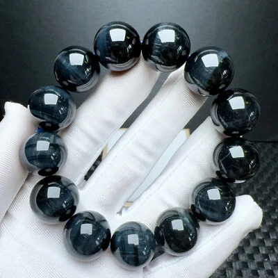 18.6 毫米天然蓝色老虎眼水晶宝石圆形珠手链 AAA — 第 1/4 张图片