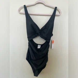 CHARMO 1 piece swimsuit swimwear women M ruched cut out black beach travel new - Picture 1 of 9