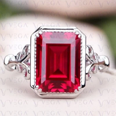 5.00carat Emerald Cut Red Natural Red Ruby Gemstones Ring 18K White Gold Plated - Image 1 of 4