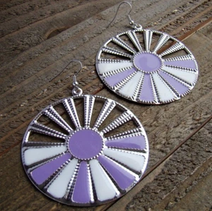 Sunburst Purple Earrings Silver Wheel Fan Circle Round Dangle Hook Fun Jewelry - Picture 1 of 4