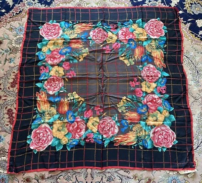 NWT Vintage Anne Klein Black Brown Orange Floral Colorful Silk Scarf 35” Square - Image 1 of 4