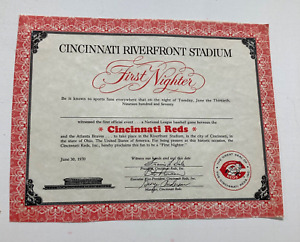 Cincinnati Reds FIRST NIGHTER Certificate June 30, 1970 Riverfront Stadium