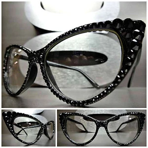 VINTAGE 60's CAT EYE Style Clear Lens EYE GLASSES FRAMES Black Crystals Handmade - Picture 1 of 11