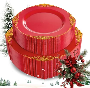102PCS Red & Gold Christmas Plates Disposable Dinner & Dessert Plates for Partie - Picture 1 of 12