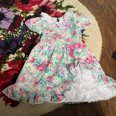 Vintage 80s/90s Girl’s Green & Pink Floral Lace Dress - Image 1 of 4