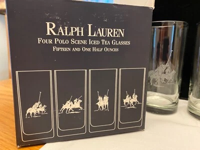 Set of 4 Ralph Lauren Polo Scene Iced Tea High Ball Glasses Etched Crystal ~ USA - Image 1 of 4