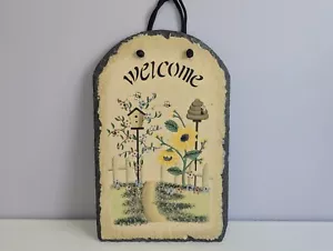 Welcome Handpainted Slate Bees & Flowers Spring Summer 12"x7.5" - Picture 1 of 9