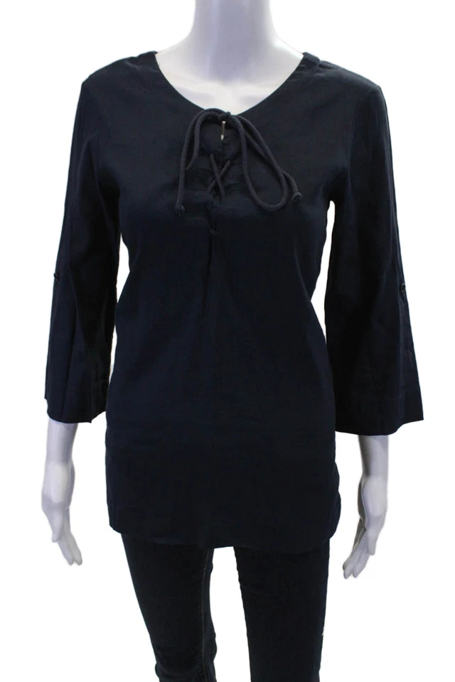 Blusa negra Theory para mujer con detalle de escote con cordones de lino manga 3/4 talla S Foto 1 de 4