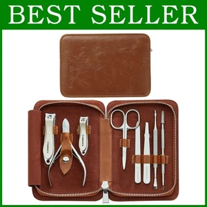Juego de manicura de lujo de acero inoxidable en estuche de cuero marrón - Imagen 1 de 11