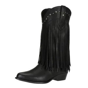 Women's Wide Width Fringe Boots Western Cowgirl Cowboy Boots Wide Calf Black - Picture 1 of 7