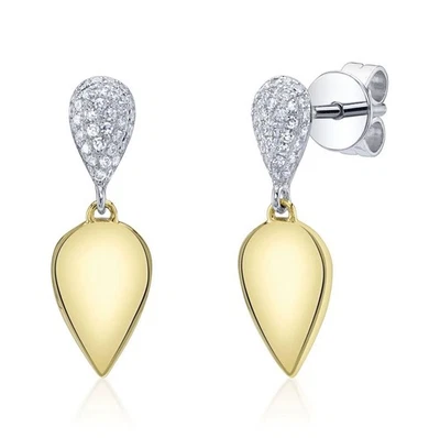 Pendientes acanalados de pera lágrima de diamantes pavé de oro amarillo de 14 quilates natural 0,16 quilates Foto 1 de 2