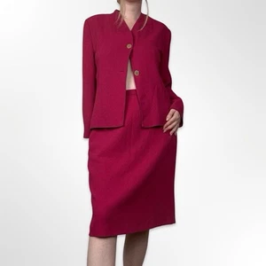 90s vintage hot pink wool blend jacket & skirt suit set. Viyella Petite. Size 14 - Picture 1 of 1