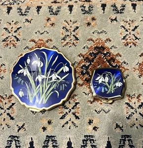 Stratton Floral Cobalt Blue Enamel /Gold Metal Round Compact Mirror Set Vtg - Picture 1 of 3