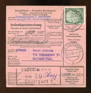 BUND Nr.193 HEUSS POSTANWEISUNG STUTTGART 25.5.1955 ITALIEN !!! (970814) - Bild 1 von 2
