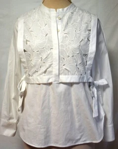 BCBG MaxAzria White Cotton Embroidered Flower Overlay Tabard Shirt-Side Tie-M/L - Picture 1 of 13