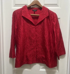 Eileen Fisher Damen L Knopfleiste 100% Seide Shirt rot Crinkle Top Cardigan - Bild 1 von 15