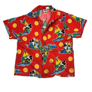 Disney VTG 90s AOP Mickey Windsurfing Hawaiian Camp Shirt Red Youth Medium 5/6 - Picture 1 of 5