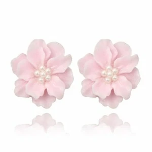 Beautiful Fashion Pink 3-Dimensional Flower With Pearls Stud Earrings - Picture 1 of 5