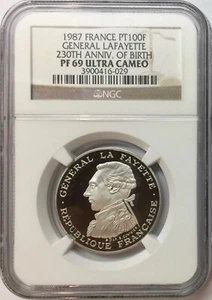 1987 France Platinum 100 Francs General Lafayette 230th Anniversary NGC PF69UC - Picture 1 of 4