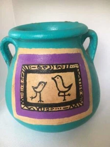 Terracotta Jar Bowl Planter Earthenware pottery Hand Carved Decor Blue 4"x5" - Picture 1 of 12