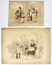 Two NAIVE Gouache Paintings RURAL FRENCH Blind Beggar with Peasants & Bracconier