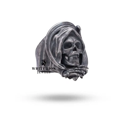 Anello Da Biker Uomo Teschio Gotico Grim Reaper In Argento Sterling 925 Regalo - Immagine 1 di 4