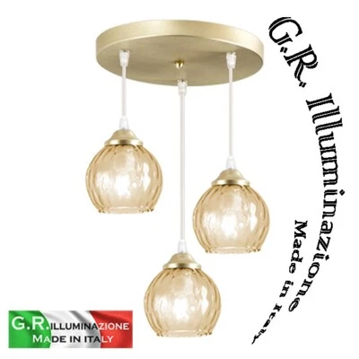 LAMPADARIO MODERNO IN VETRO AMBRA 3 L LAMPADA A SOSPENSIONE OTTONATA CUCINA Vale - Immagine 1 di 4